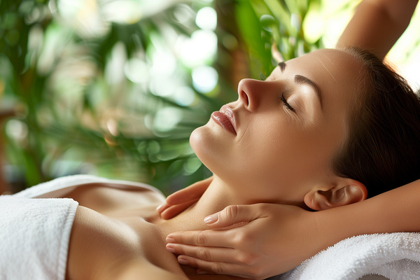 Woman indulges in a soothing massage at a tranquil spa featuring aromatherapy and tropical ambiance